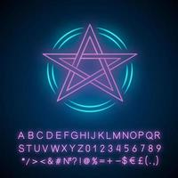 pentagram neonljusikon. ockult rituell pentakel. djävulstjärna. satanisk, wiccan och hednisk symbol. trolldom och djävulskt tecken. mystiskt heptagram. glödande alfabet, siffror. vektor isolerade illustration