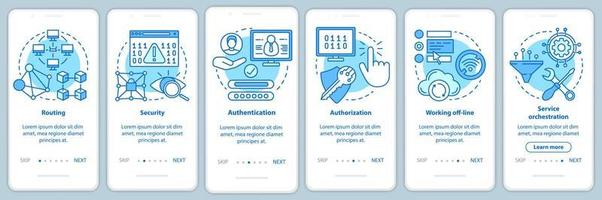 Mobile Softwareentwicklung Onboarding Mobile App-Seite Bildschirmvektorvorlage. App-Programmierung. Walkthrough-Website-Schritte mit linearen Illustrationen. ux, ui, gui Smartphone-Schnittstellenkonzept vektor