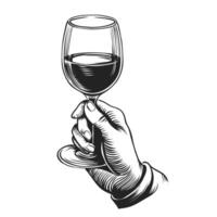 männlich Hand halten ein Glas von Wein. Jahrgang Tinte skizzieren im Radierung Stil. Hand gezeichnet Vektor Illustration isoliert auf Weiß Hintergrund. retro Gravur Stil.