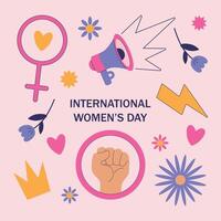 internationell kvinnors dag uppsättning. tecken, symboler, blommor, näve, högtalare, blixt, krona. feminism, kvinnors rättigheter. design element för affischer, klistermärken, kort, grafik, bakgrunder vektor
