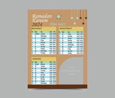 ramadan tidtabell kalender mall. ramadan kalender. ramadan kareem tidpunkt kalender. vektor