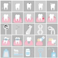 tandvård ikoner set. tandhälsa med en enda tand, tandköttssjukdom, tandjustering och proteser, tandläkarverktyg och munvård vektor