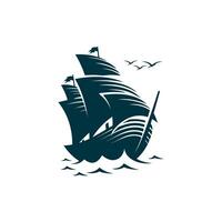 Vektor Logo von ein groß Segeln Schiff und Meer Wellen