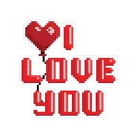 Platz Vektor Illustration mit Pixel Kunst Stil Beschriftung ich Liebe Sie und ein herzförmig Ballon. Valentinsgrüße Tag Karte, Symbol, Aufkleber