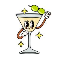 heiter Cocktail Charakter mit Oliven auf ein Spieß. Karikatur groovig Stil. vektor