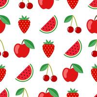 Obst und Beere nahtlos Muster. Wassermelone, Kirsche, Apfel, Erdbeere nahtlos Hintergrund. saftig süß Muster. Vektor Illustration