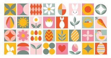 abstrakt geometrisch glücklich Ostern Hintergrund. Symbol mit Urlaub Symbole. stilisiert Hase, Ei, Ohr, Blumen Hähnchen. modisch zeitgenössisch Design zum Banner, Karte, Poster, Verpackung, Werbung, Abdeckung. vektor