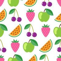 frukt och bär sömlös mönster. vattenmelon, körsbär, äpple, jordgubb sömlös bakgrund. saftig söt mönster. vektor illustration