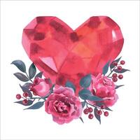 vattenfärg illustration hand dragen diamant kristall form röd hjärta med blommor vektor