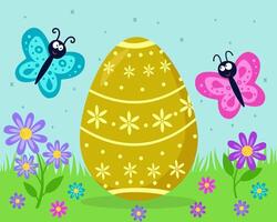 påsk bakgrund med påsk ägg, fjärilar, blommor och gräs. vår bakgrund. påsk Semester. vektor