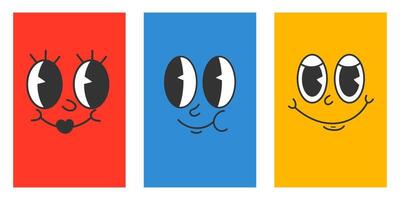 retro 30er Jahre Karikatur Maskottchen Zeichen komisch Gesichter. 50er, 60er Jahre alt Animation Augen und Münder Elemente. Jahrgang Comic Lächeln zum Logo Vektor Satz. Smiley Karikaturen mit glücklich und heiter Emotionen
