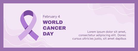 Welt Krebs Bewusstsein Tag auf Februar 4. Illustration Vitrinen ein lila Band Krebs Symbol. ein horizontal Banner Vorlage zum Gesundheit Kampagnen auf Sozial Medien oder Webseiten. vektor
