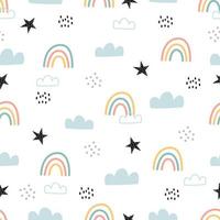 niedliches nahtloses Muster für Kinderhimmelhintergrund mit gezeichnetem Design der Regenbogen- und Wolkenkarikatur. Verwenden Sie für Druck, Tapeten, Geschenkverpackungen, Textilien, Vektorillustrationen.