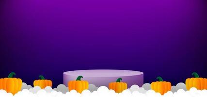 HD lila Hintergrund mit Kürbissen und Podium im Scherenschnitt-Stil. glücklicher Halloween-Vektorhintergrund. Hintergrund mit Leerzeichen für Platztext vektor