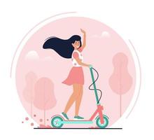 Vektor-Illustration eines Mädchens, das einen Roller reitet. sommergefühl. Sommerzeit. Stadt leben. Mädchen, das Spaß auf Elektroroller hat. im Park reiten. vektor