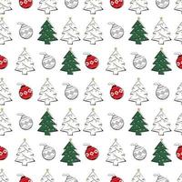 nahtloses Muster mit Linie und Silhouette von Weihnachtsbäumen und Kugeln. Frohes neues Jahr Druck für Geschenkpapier, Textil und Design vektor