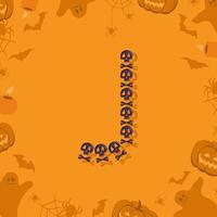 halloween bokstaven j från skalle och korsben för design. festligt teckensnitt för semester och fest på orange bakgrund med pumpor, spindlar, fladdermöss och spöken vektor