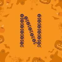 Halloween-Buchstabe n aus Totenköpfen für Design. festliche Schrift für Urlaub und Party auf orangem Hintergrund mit Kürbissen, Spinnen, Fledermäusen und Geistern vektor