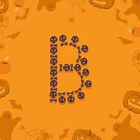 Halloween-Buchstabe b aus Totenköpfen für Design. festliche Schrift für Urlaub und Party auf orangem Hintergrund mit Kürbissen, Spinnen, Fledermäusen und Geistern vektor