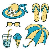 hallo sommer vektorsammlung. Doodle Cartoon Umriss Sommer Zubehör. Regenschirm, Hut, Sonnenbrille, Cocktails, Eis, Blume. vektor