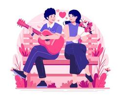 ein jung Mann im Liebe Sitzung auf ein Park Bank ist spielen Gitarre zum seine Freundin. glücklich romantisch Paar im Beziehung feiern Valentinstag Tag vektor