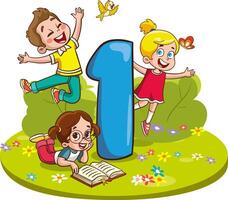 Illustration von Kinder spielen mit Nummer einer im das Park auf ein Weiß Hintergrund vektor