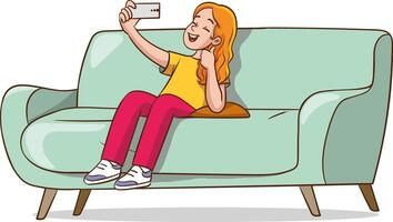 Karikatur Vektor Illustration von ein Teenager Mädchen Sitzung auf ein Sofa nehmen ein Selfie
