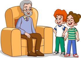 Großvater und Enkelkinder Sitzung im Sessel. Vektor Illustration von ein Karikatur Großvater und Enkelkinder.