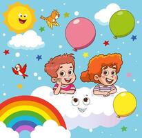 Kinder auf ein Wolke mit Regenbogen und Luftballons. Vektor Karikatur Illustration.