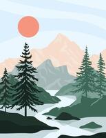 Landschaft Illustration , Natur Landschaft Hintergrund.Wand Kunst Vektor. Laub Linie Kunst Zeichnung mit abstrakt Form.Pflanze Kunst Design zum drucken, Abdeckung, Hintergrund, minimal und natürlich Mauer. vektor