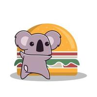 entzückender Koala, der Essen Big Burger Tier flache Zeichentrickfigur isst vektor