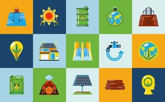 energiförnybara ekologiska energikällor, kollektorpaneler och ikoner för energiproduktion vektor