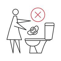 spülen Sie Damenbinden nicht in die Toilette. werfen Sie keine Gegenstände in die Toilette. Frau, die Damenbinde spült, Verbotszeichen. Stoppen Sie die Verschmutzung in der Toilette. bearbeitbarer Strich
