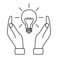 Glühbirne mit Strahlen zwischen zwei Händen. Konzept der Ideen, Inspiration, effektives Denken. Umweltschutzkonzept. kreative Problemlösung. bearbeitbarer Strich vektor