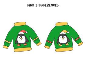 Finde 3 Unterschiede zwischen zwei süßen Weihnachtspullovern. vektor