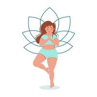 Fettes Mädchen, das Yoga macht. süßes Mädchen mit Sommersprossen meditiert. Vektor-Illustration vektor