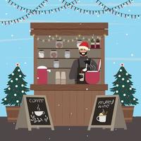 Weihnachtsstände. Mann, der Kaffee und Glühwein an der kiosk.vector Illustration verkauft. vektor