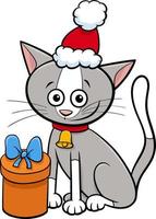 tecknad katt med klocka och gåva vid jul vektor