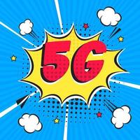 5g neue drahtlose Internet-WLAN-Verbindung Comic-Stil Sprechblase Ausrufetext 5g flache Design-Vektor-Illustration auf Strahlen Hintergrund isoliert. neues mobiles Internet 5g-Zeichensymbol im Ballon. vektor