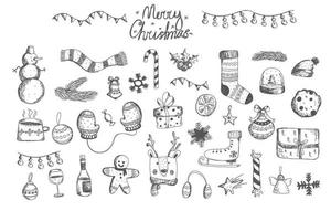 handgezeichnete skizze frohe weihnachten und guten rutsch ins neue jahr. großer Satz Weihnachtsdesign-Doodle-Elemente vektor