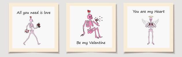 einstellen von Valentinstag Tag Karten mit Skelett mit Dekor zum Valentinstag Tag. Liebe, Valentinstag Tag vektor