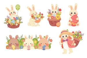 uppsättning av vit påsk kaniner med blomma korgar och ägg. vektor illustration av söt tecken för barn på påsk