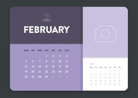 kreativ minimal Geschäft monatlich 2024 Kalender Vorlage Vektor. Schreibtisch, Mauer Kalender zum drucken, Digital Kalender oder Planer. Woche Start auf Montag. jährlich Kalender Layout Design Elemente. Februar. vektor