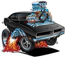 Classic Sixties Style American Muscle Car, Enorm Chrome Motor, Vector Graphic