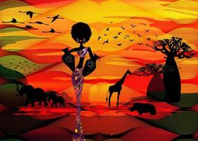 Sonnenuntergangslandschaft von Wald-Affenbrotbäumen, Elefanten in der Savanne. Afrikanische lockige Frau mit Wasser in den Töpfen, gekleidet in traditionellem Ankara-Kleid. Batik-Konzept-Safari auf welligem Hintergrund vektor