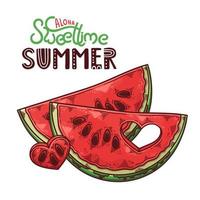 Vektor handgezeichnete Wassermelone. Schriftzug Aloha Sweet Time Sommer.