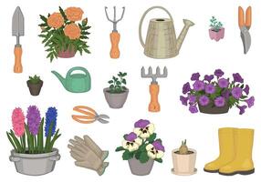 vår trädgårdsarbete samling. klotter uppsättning av inlagd växter, handskar, sudd stövlar, vattning burkar, trädgård verktyg. vektor illustration i tecknad serie stil isolerat på vit.