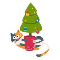 Katze und Weihnachten Baum. Vektor Illustration im eben Stil