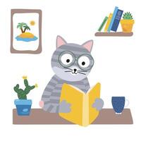 das Katze ist lesen ein Buch. Vektor Illustration im eben Stil