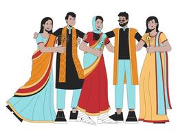 diwali festival pärlar linje tecknad serie platt illustration. fira indianer söder asiater i etnisk ha på sig 2d linjekonst tecken isolerat på vit bakgrund. Lycklig Deepawali scen vektor Färg bild